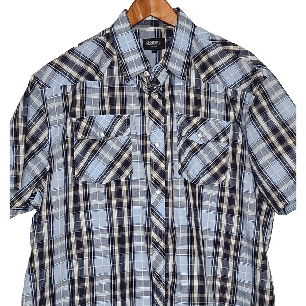 Gioberti‎ Men's Short Sleeve Pearl Snap Shirt Blue Black Plaid XL